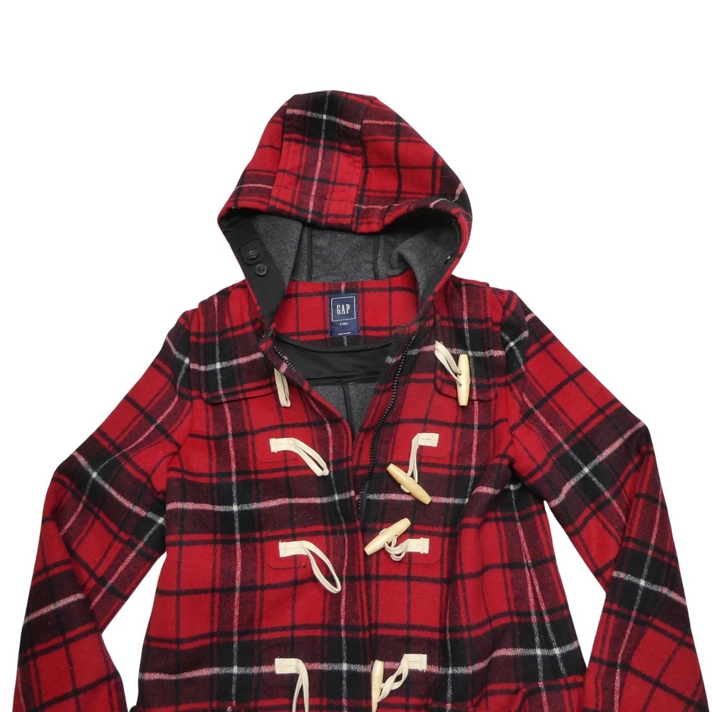 Gap Duffle Coat Womens S‎ Tall Red Plaid Wool Hooded Toggle Zip Parka Mid Length